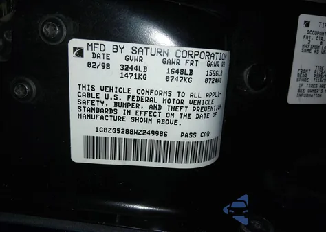 1998 Saturn Sl1 из США, поврежденный, VIN 1G8ZG5288WZ249986